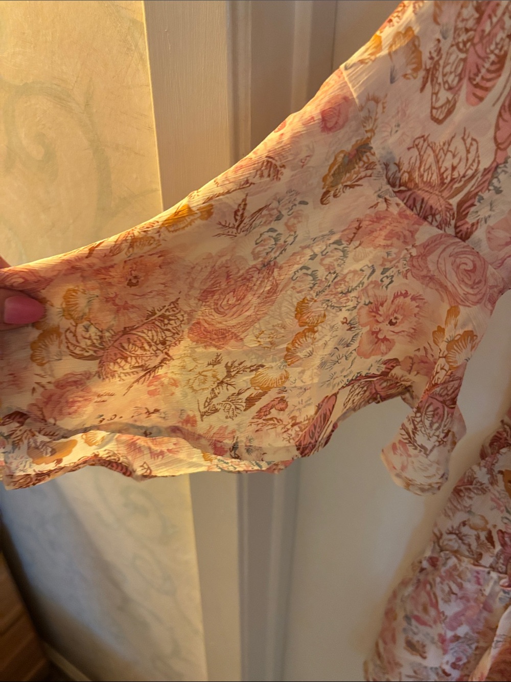 Storia Floral Tiered Long Sleeve Ruffle Dress in Pink and Cream - Picture 4 of 7